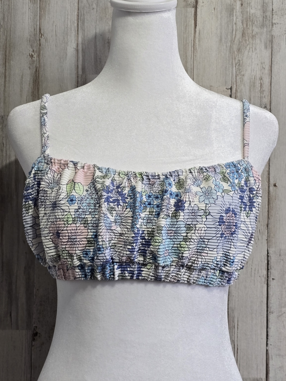Billabong Field Day Smocked Blue Pink Floral Bralette Bikini Top Size Large